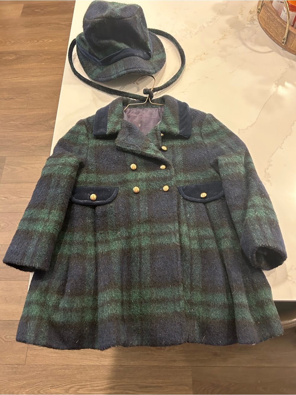 Girls' Navy & Green Plaid Double-Breasted Wool Coat with Hat